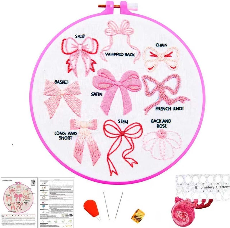 Crafmanoe Pink Bowknot Embroidery Kits for Beginners Adults, Cute Hand Embroidery Starter Kits, Counted Cross Stitch Kits for Beginners DIY Craft Kits for Adults Women, Embroidery Hoops, Thread & Video Tutorial - Image 1